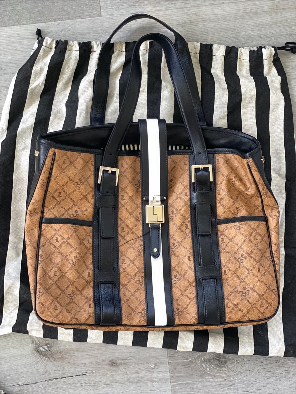 L.A.M.B. Black and Tan Monogram Grantham Tote Bag with Center Stripe NWOT